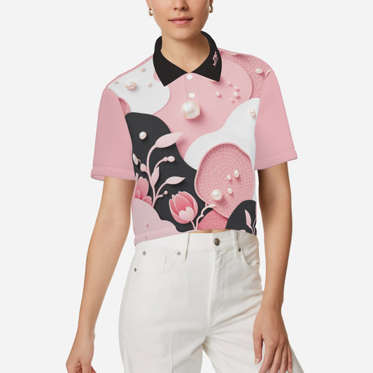 All-Over Print Women's Polo Shirt Crop Top-Pearl Mesh Fabric 190 GSM