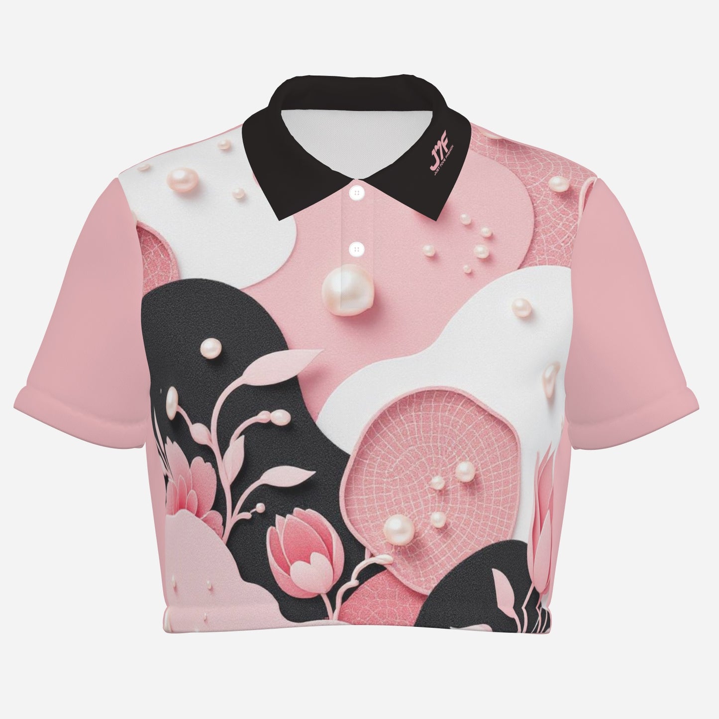 All-Over Print Women's Polo Shirt Crop Top-Pearl Mesh Fabric 190 GSM