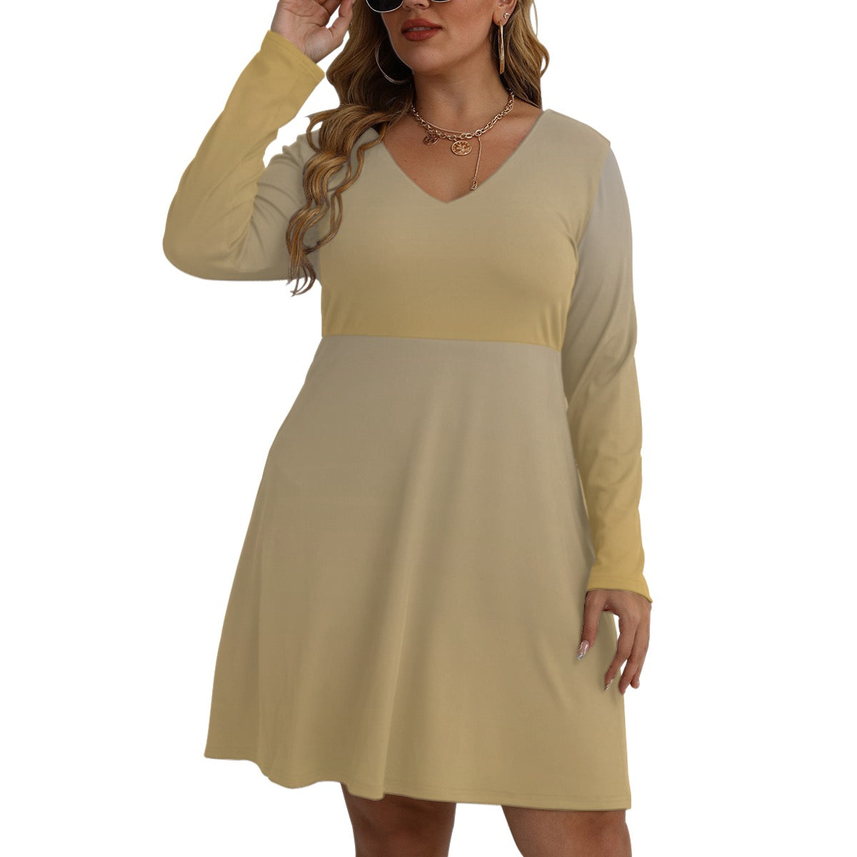 All-Over Print Women's V-neck Long Sleeve Dress(Plus Size)