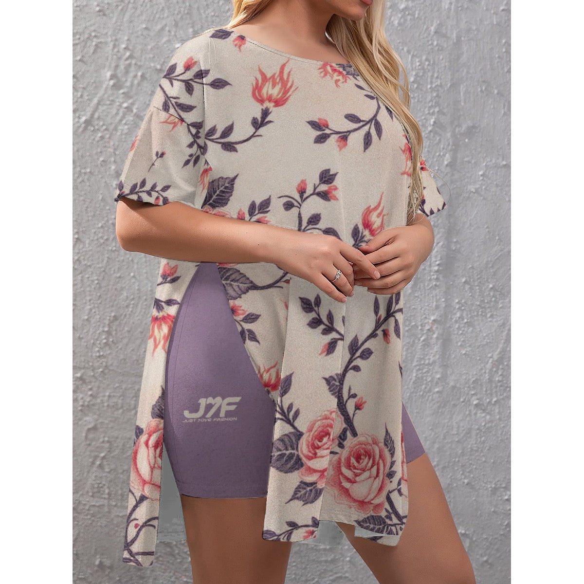 All-Over Print Women's Drop-Shoulder T-Shirt with Side Split and Shorts (Plus Size)