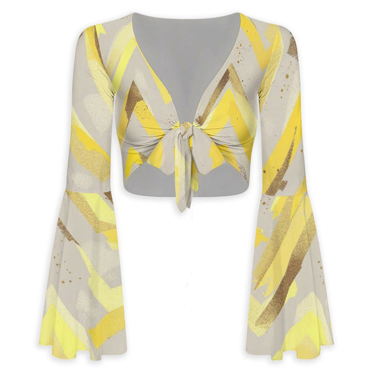 All-Over Print Women's Elegant Flared Sleeve Tie-Front Crop Top