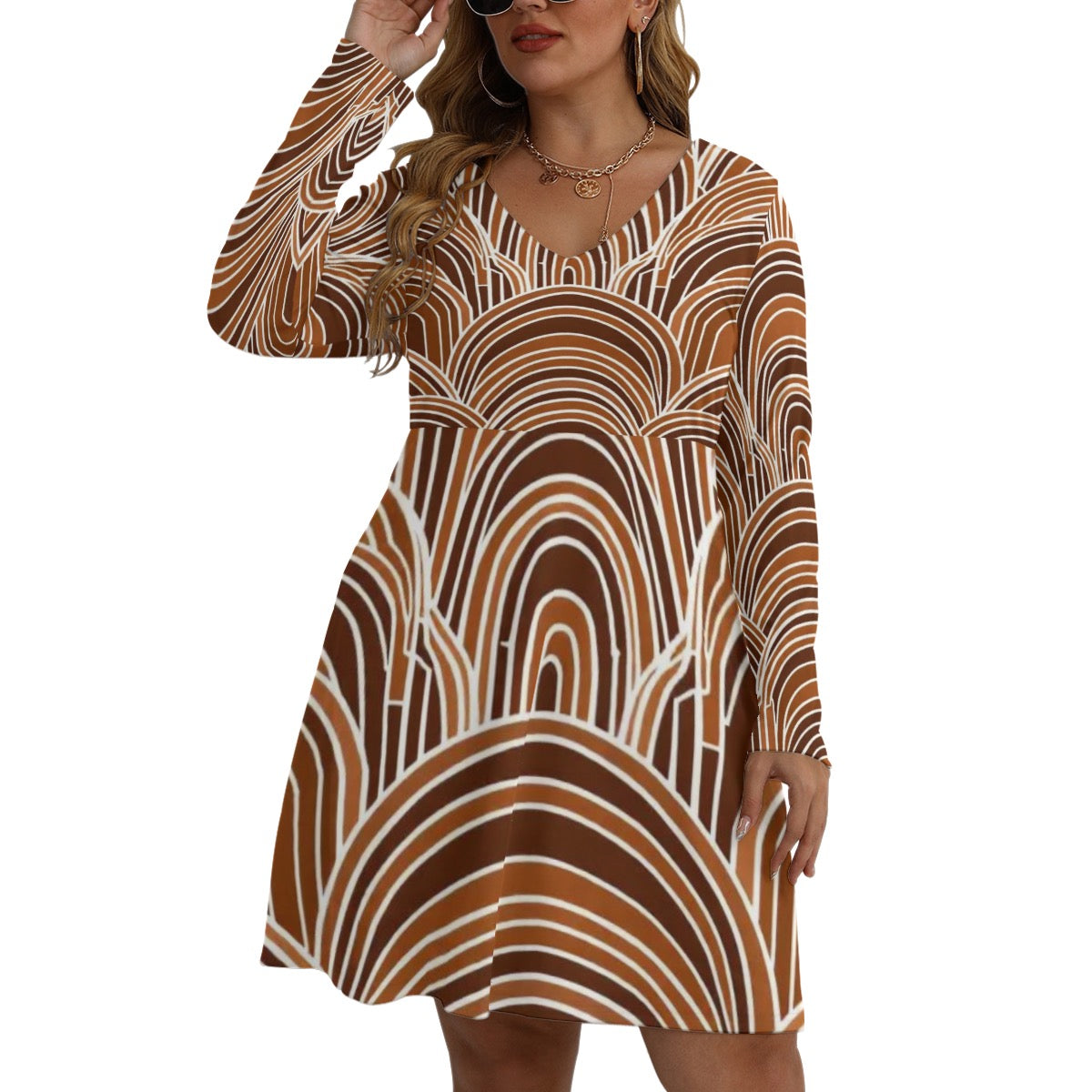 All-Over Print Women's V-neck Long Sleeve Dress(Plus Size)