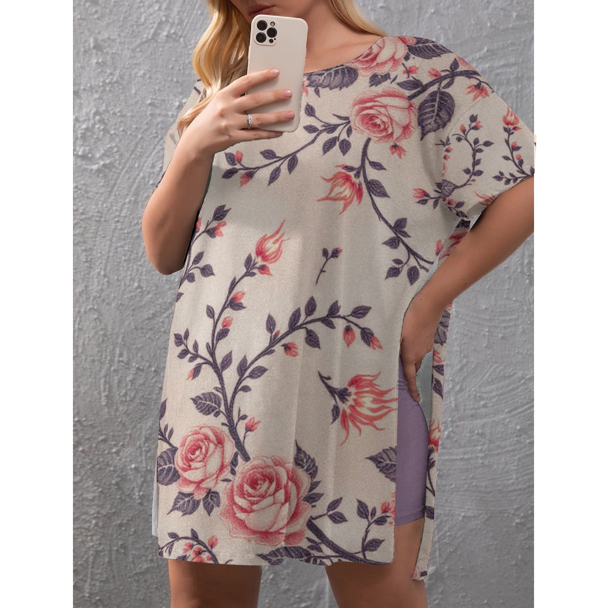 All-Over Print Women's Drop-Shoulder T-Shirt with Side Split and Shorts (Plus Size)