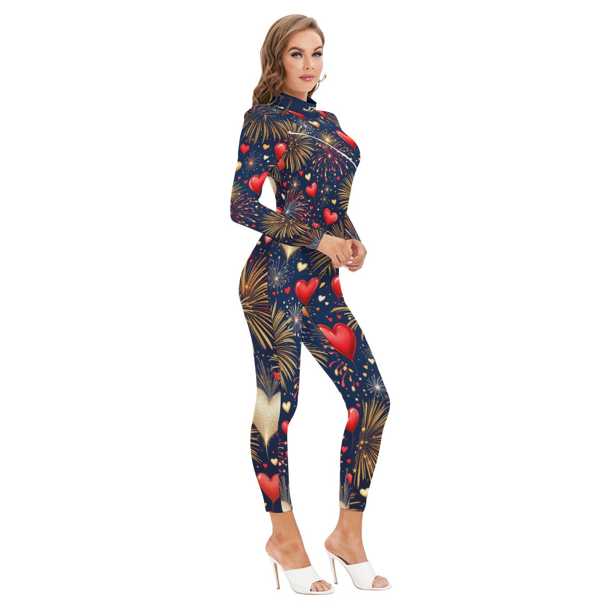 All-Over Print Women's Long-sleeved High-neck Jumpsuit With Zipper