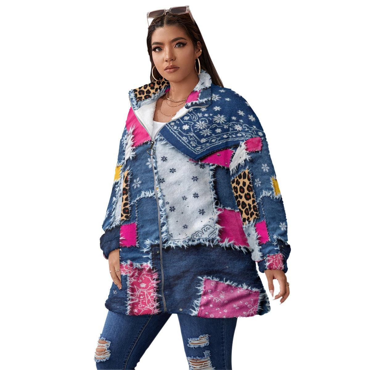 All-Over Print Unisex Borg Fleece Stand-up Collar Coat With Zipper Closure(Plus Size)