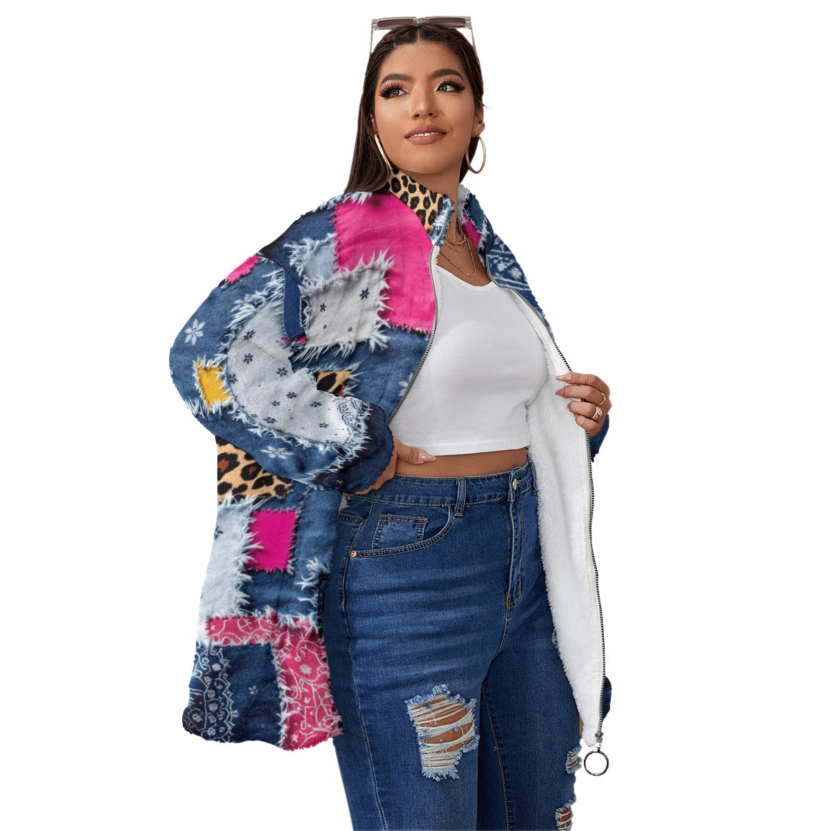 All-Over Print Unisex Borg Fleece Stand-up Collar Coat With Zipper Closure(Plus Size)