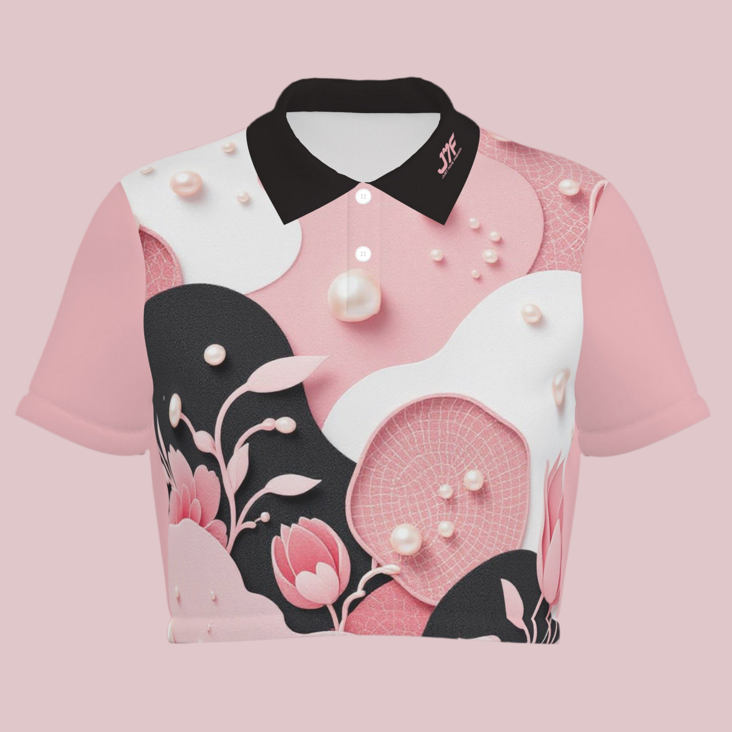 All-Over Print Women's Polo Shirt Crop Top-Pearl Mesh Fabric 190 GSM
