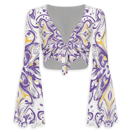 Women's Elegant Flared Sleeve Tie-Front Crop Top
