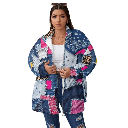 All-Over Print Unisex Borg Fleece Stand-up Collar Coat With Zipper Closure(Plus Size)