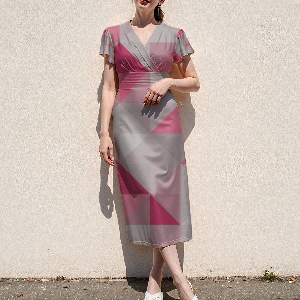 Women's V-Neck Flutter Sleeve Midi Dress